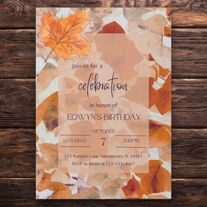 Plantilla editable de invitación de cumpleaños de otoño, cumpleaños de otoño, hojas de otoño