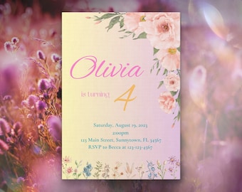May include: A floral-themed birthday invitation for Olivia's 4th birthday party. The invitation features a pink and yellow background with watercolor flowers and the text "Olivia is turning 4". The invitation also includes the date, time, and location of the party, as well as an RSVP contact.
