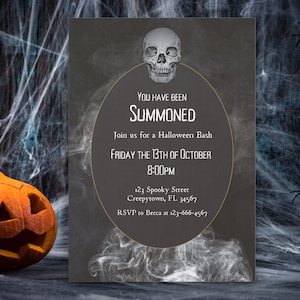 Bewerkbare sjabloon schedel Halloween-uitnodiging: griezelige feestuitnodiging (digitale download)