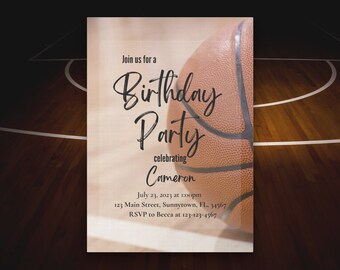 May include: A basketball-themed birthday party invitation with a brown basketball in the background and the text "Join us for a Birthday Party celebrating Cameron July 23, 2023 at 1:00pm 123 Main Street, Sunnytown, FL. 34567 RSVP to Becca at 123-123-4567"