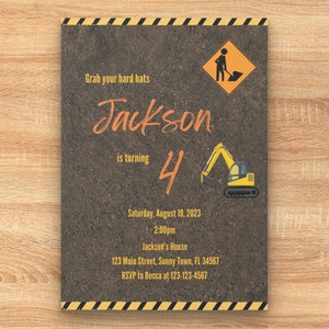 Editable Boys Construction Birthday Invitation Template, Excavator Birthday Invitation