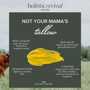 K&ouml;nnte beinhalten: Eine gr&uuml;ne und wei&szlig;e Grafik mit dem Text "Not Your Mama's Tallow" und einer Liste von Zutaten, darunter Rindertalg, Rotalgen, Weihrauch und Koffein. Die Grafik ist vor dem Hintergrund eines gr&uuml;nen Feldes mit K&uuml;hen platziert.