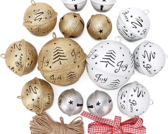 14Pcs Christmas Bells Christmas Decor, Large Metal Jingle Bells ,Rustic Glitter Hanging Bells for Christmas Tree DIY Decorations