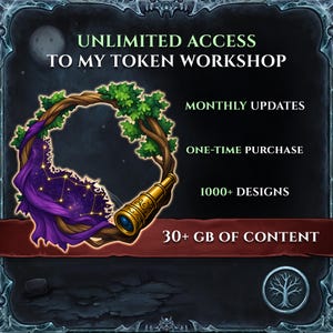 May include: An illustrated advertisement with the text "UNLIMITED ACCESS TO MY TOKEN WORKSHOP." A circular design features a telescope, a starry purple cloth, and a tree branch with green leaves. Additional text includes "MONTHLY UPDATES," "ONE-TIME PURCHASE," and "1000+ DESIGNS."