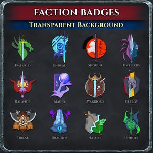May include: A digital display of twelve faction badges labeled Emerald, Undead, Shogun, Dwellers, Balance, Mages, Warriors, Clergy, Tribal, Dragons, Nature, and Unholy. Each badge features unique icons like swords, skulls, and shields in various colors.