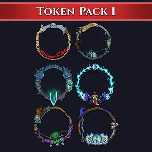 May include: A digital collection titled TOKEN PACK 1 featuring six circular fantasy-themed frames. Designs include skulls, a golden wing, glowing blue flames, a dagger, a wolf head, a wizard hat, and various magical artifacts in vibrant colors.
