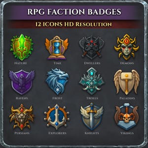 May include: A collection of 12 fantasy RPG faction badges with detailed illustrations. Each badge features a unique design, including a raven, a lion, a skull, and other symbols. The text "RPG FACTION BADGES" and "12 ICONS HD RESOLUTION" are at the top.