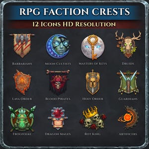 Puede incluir: Ilustración digital con doce escudos de facciones RPG. Cada escudo presenta un símbolo único, como un hacha, una cara lunar, una llave, una calavera de ciervo, un volcán, una calavera, un escudo, espadas cruzadas, una rana, un dragón, calaveras con corona y engranajes.