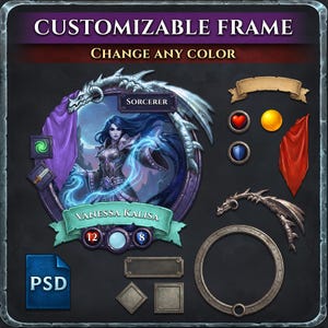 May include: A customizable frame design with the text "CUSTOMIZABLE FRAME" and "CHANGE ANY COLOR". The design includes a sorceress illustration, banners, and decorative elements. A "PSD" file icon is also present.