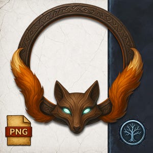 May include: A circular wooden frame with a fox head at the bottom and two orange and brown fox tails extending upwards. The fox's eyes glow with a teal light. The frame has a detailed carved design. A PNG file icon is in the lower left.