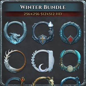 Puede incluir: Una colección de marcos circulares de temática fantástica con diseños intrincados. Los marcos presentan elementos como un dragón, un escudo, una antorcha, cuernos y plumas. El texto "WINTER BUNDLE" está en la parte superior.