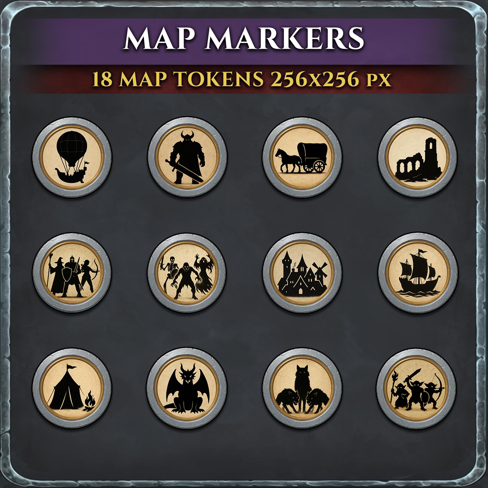 Map Markers : 18 Black & Parchment Silhouette Tokens for World Maps ...
