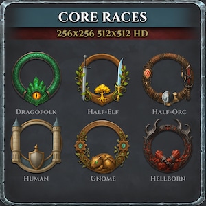 Puede incluir: Imagen que presenta seis emblemas circulares, cada uno representando una raza fantástica. Los emblemas están enmarcados con elementos decorativos e incluyen el texto "DRAGOFOLK", "HALF-ELF", "HALF-ORC", "HUMAN", "GNOME" y "HELLBORN". También incluye el texto "CORE RACES" y "256x256 512x512 HD".