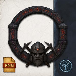 May include: A circular, stone-like frame with a central helmet design and crossed pickaxes. The frame is dark gray with red glowing runes and accents. The helmet has a red gem. The image includes a "PNG" file icon.