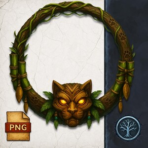 May include: A circular wooden frame with a carved cat face at the bottom. The frame is decorated with green vines, bamboo, and leaves. The cat's eyes glow yellow. Paw prints are carved into the wood. A PNG file icon is in the lower left.