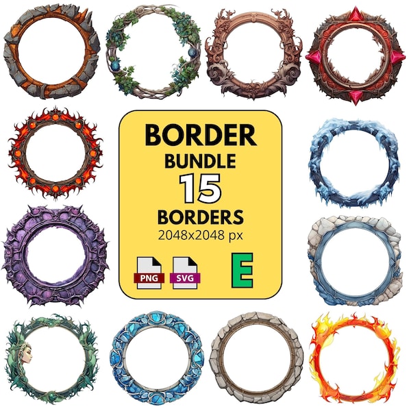 D&D Border Bundle 15 bordures de jetons pour donjons et dragons de table Roll20 VTT Foundry Character Frames 2K PNG et SVG 2048x2048 px images