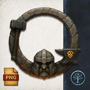 May include: A circular, stylized illustration featuring a blacksmith theme. The design includes a hammer, anvil, and a dwarf-like figure, all rendered in shades of gray and orange. The image has a textured, stone-like appearance, with a PNG file icon in the corner.