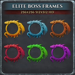 Puede incluir: Seis marcos con temática de dragón en oro, azul, naranja, rojo, verde y morado. Cada marco es circular con un diseño de dragón y el texto "ELITE BOSS FRAMES" en la parte superior. La imagen también incluye las dimensiones 256x256 y 512x512 HD.