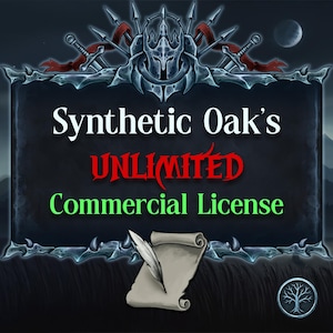 Licenza commerciale illimitata per i prodotti Synthetic Oak, utilizzo non modificato, nessun utilizzo di crediti, piattaforme VTT, giochi di ruolo, schede dei personaggi, diari