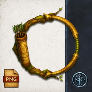 May include: A golden bow with a quiver of arrows, designed with a fantasy theme. The bow is adorned with a branch and leaves, and the quiver is a detailed cylinder. The image has a PNG file icon in the lower left corner.