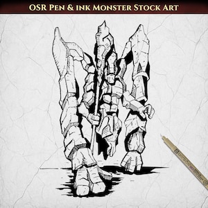 Könnte beinhalten: Eine schwarz-weiße Feder- und Tuschezeichnung eines Steinmonsters mit mehreren Gliedmaßen und einer zentralen Spitze, beschriftet mit OSR PEN & INK MONSTER STOCK ART, mit einem Micron 003 Stift in der unteren rechten Ecke des Bildes.