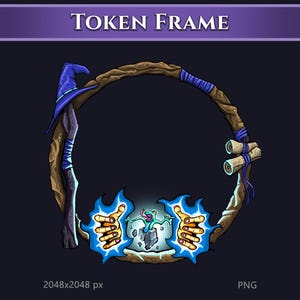 May include: A circular token frame featuring a brown wooden branch border, a blue wizard hat, two rolled parchment scrolls, and a central graphic of a small green creature emerging from a gray rock, flanked by two hands and blue energy flames.