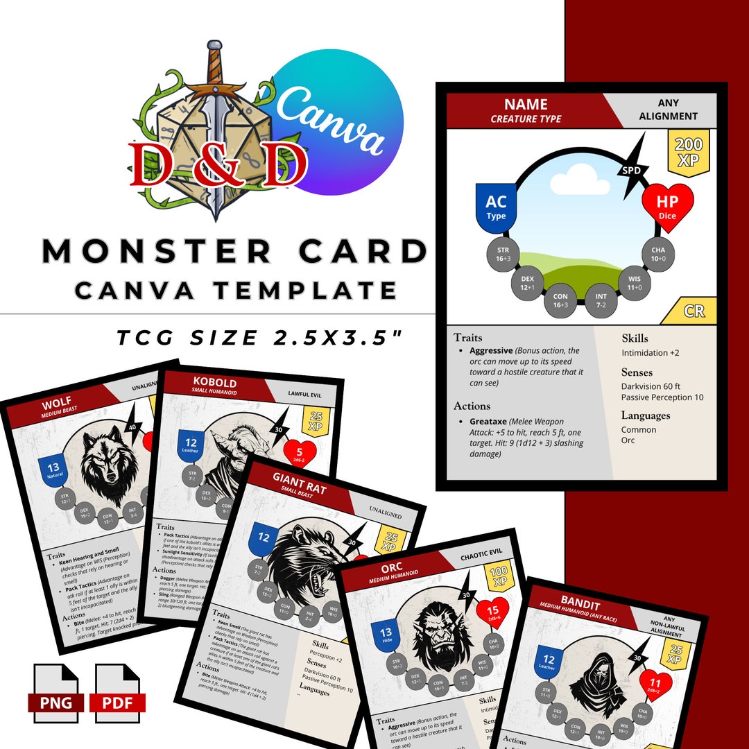 D&amp;D Monster Card Canva DIY Template | TCG Sized 2.5x3.5 Dungeons and ...