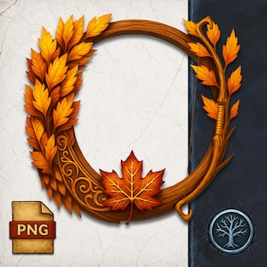 Puede incluir: Un marco circular de madera con hojas otoñales en tonos naranja y amarillo. Una sola hoja de arce roja está centrada en la parte inferior. El marco tiene un diseño de arco y flecha en el lado derecho. Un icono de archivo PNG está en la esquina inferior izquierda.
