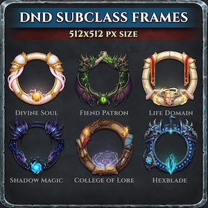 May include: Digital artwork featuring six circular frames, each representing a Dungeons & Dragons subclass. The frames are intricately designed with fantasy elements, including angelic wings, demonic features, and magical symbols. Text at the top reads "DND SUBCLASS FRAMES" and "512x512 PX SIZE".