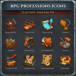 Op de afbeelding: Een afbeelding met 12 RPG-beroepsiconen. De iconen tonen verschillende beroepen, waaronder een smid, timmerman, betoveraar, boer, visser, juwelier, leerbewerker, metselaar, houthakker, loremeester, cartograaf en smelter. Elk icoon is onderscheidend en kleurrijk, tegen een donkere achtergrond.