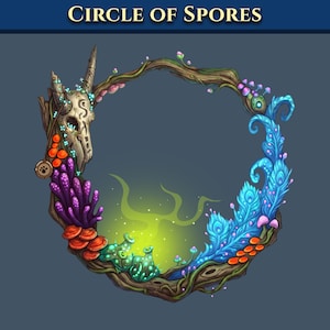 May include: A circular frame titled Circle of Spores featuring a weathered animal skull, brown twisted branches, vibrant purple and orange fungi, and bright blue feather-like foliage. A glowing green mist emanates from the center of the frame.
