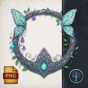 May include: A circular, fantasy-themed illustration featuring a frame with butterfly wings in teal and purple accents. The frame is adorned with vines, leaves, and flowers. A Celtic knot design is at the bottom, with a glowing teal teardrop.