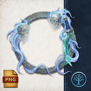 May include: A circular stone frame adorned with two grey skulls featuring glowing cyan eyes, surrounded by swirling light blue ethereal flames and a silver dagger with a blue hilt and a small skull emblem on the blade, set against a cracked background.