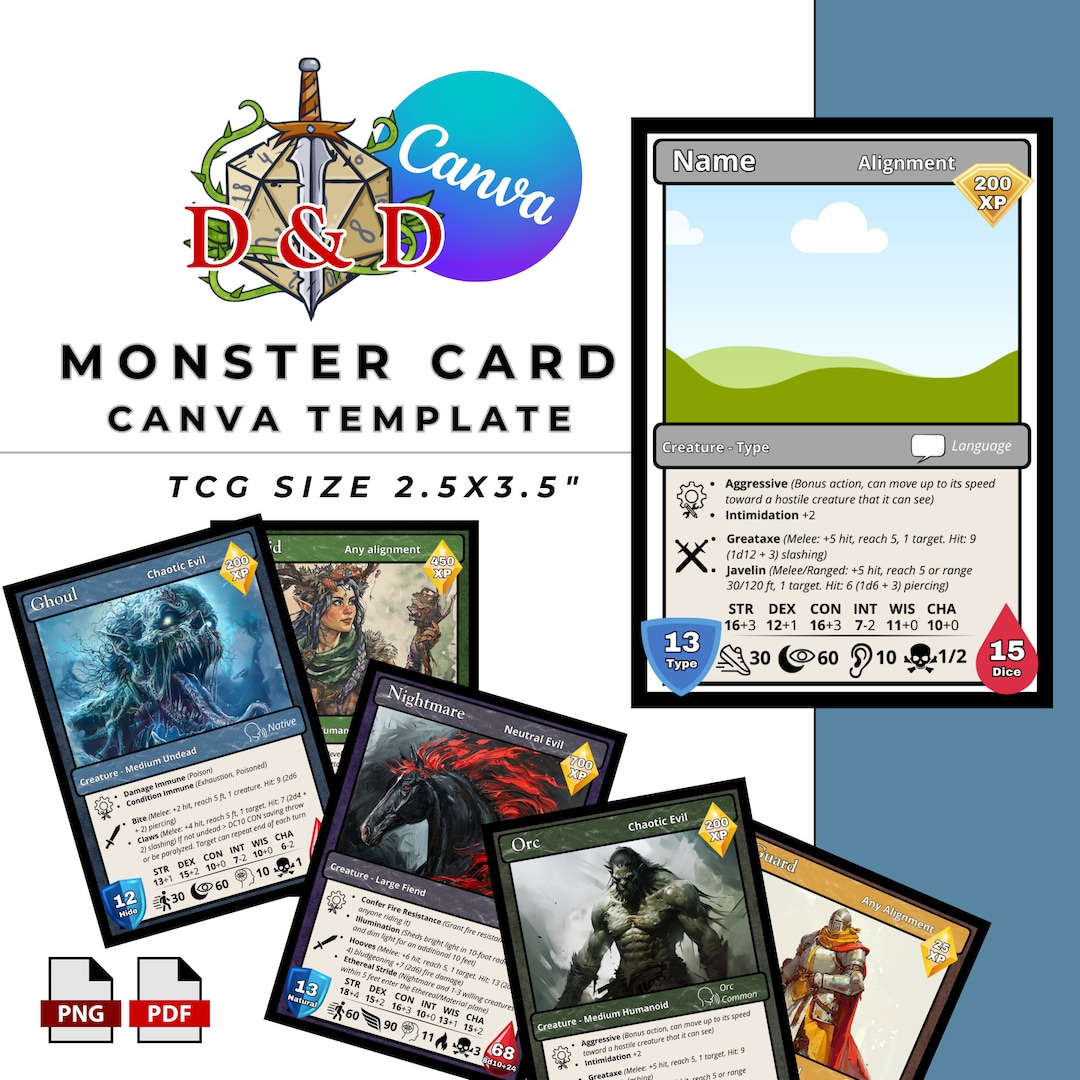 D&amp;D Monster Card Canva DIY Template | TCG Sized 2.5x3.5 Dungeons and Dragons 5e Creature Types ...