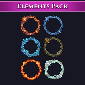 May include: A digital graphic set titled ELEMENTS PACK featuring six circular frames. The designs include a fiery orange ring, a blue lightning-themed border, a blue icy frame, a green vine-covered circle, a bright orange flame ring, and a light blue crystal-adorned border.