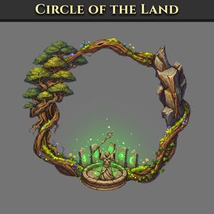 May include: A circular frame titled CIRCLE OF THE LAND featuring a tree on the left, rocks on the right, and a central figure holding a staff. The figure stands on a stone platform before glowing green runes, surrounded by vines and small flowers.