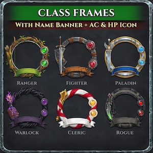 Può includere: Grafica con sei cornici di classe circolari con banner e icone per giochi di ruolo. Le cornici sono etichettate Ranger, Fighter, Paladin, Warlock, Cleric e Rogue, con il testo "CLASS FRAMES" e "WITH NAME BANNER + AC & HP ICON".