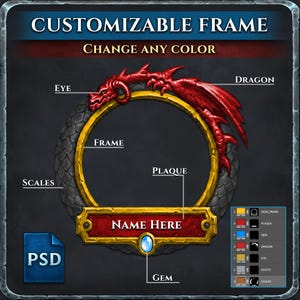 May include: A customizable frame design with a red dragon, gold frame, and a plaque that says "NAME HERE". The design includes a gem, scales, and the text "CUSTOMIZABLE FRAME" and "CHANGE ANY COLOR".