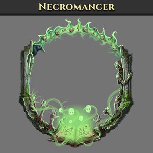 May include: A decorative frame labeled NECROMANCER featuring a green glowing magical aura, skulls, bones, a black raven, a zombie figure, and an open spellbook with runic symbols at the base. The design incorporates stone pillars and skeletal hands.