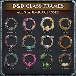 May include: A collection of twelve circular frames, each representing a D&D class. The frames are intricately designed with thematic elements like weapons, musical instruments, and nature motifs. Text at the top reads "D&D CLASS FRAMES" and "ALL STANDARD CLASSES".