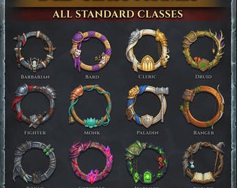 May include: An image showcasing twelve circular frames, each representing a D&D class, with thematic decorations. The frames include elements such as weapons, musical instruments, and magical symbols. The text at the top reads "D&D CLASS FRAMES" and "ALL STANDARD CLASSES".