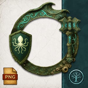 May include: An ornate, weathered bronze frame with a shield featuring an octopus design. The frame has a wave-like top and a hammer-like element. Teal accents highlight the design. A PNG file icon is in the lower left.