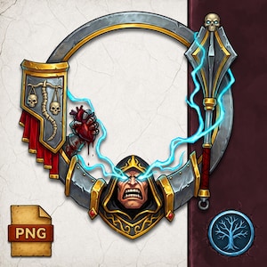May include: A digital illustration of a fantasy-themed frame. The frame is a circle with a silver and gold trim, featuring a shield with skulls and scales, a mace with a skull, and a hooded figure with glowing eyes. Blue lightning bolts emanate from the figure.