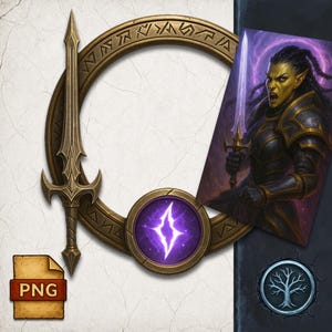 May include: A fantasy-themed digital artwork featuring a golden sword, a circular frame with runes, and a portrait of a warrior holding a sword. The artwork includes a purple emblem and a PNG file icon. The warrior has green skin and is wearing black armor.