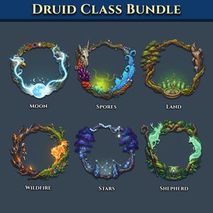May include: A digital graphic titled DRUID CLASS BUNDLE featuring six circular frames labeled Moon, Spores, Land, Wildfire, Stars, and Shepherd. Each frame displays unique nature-themed illustrations including animals, plants, and celestial elements.