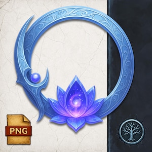 May include: A digital illustration of a blue circular frame with a crescent-shaped element and a lotus flower. The lotus flower has a galaxy-like center. The frame has ornate details and is set against a textured background.