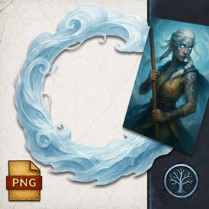 May include: Digital artwork of a fantasy character with white hair, holding a staff, and wearing a blue and gold outfit. The character is set against a blue background. A swirling, light blue, cloud-like frame surrounds the character. A PNG file icon is visible.
