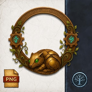 May include: A detailed illustration of a golden, stylized rodent within a circular frame. The frame is adorned with gears, leaves, and runes. The rodent has green eyes. A PNG file icon is in the lower left corner.