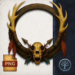 Borde de ficha de cazador: Marco de calavera y astas para VTT RPG (PNG)