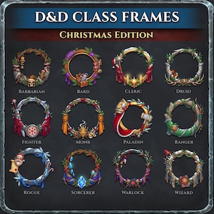 May include: A collection of twelve circular frames, each representing a D&D class for Christmas. The frames are decorated with festive elements like ornaments, ribbons, and seasonal items. Text at the top reads "D&D CLASS FRAMES CHRISTMAS EDITION". Each frame has a class name.